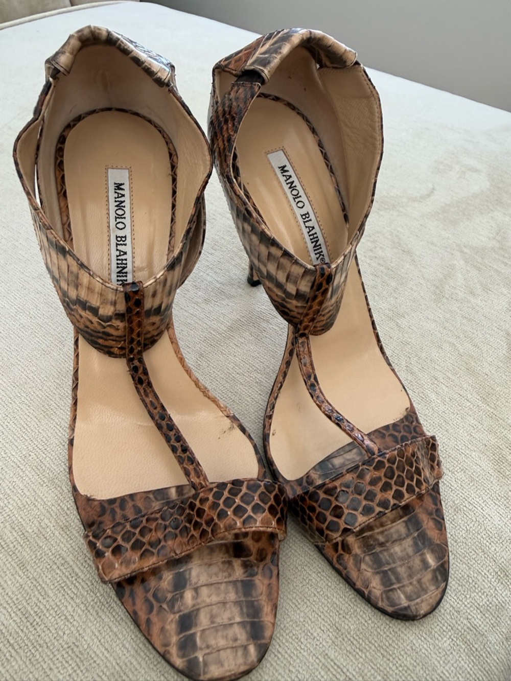 Manolo Blahnik Brown Snakeskin T-Strap Heels
